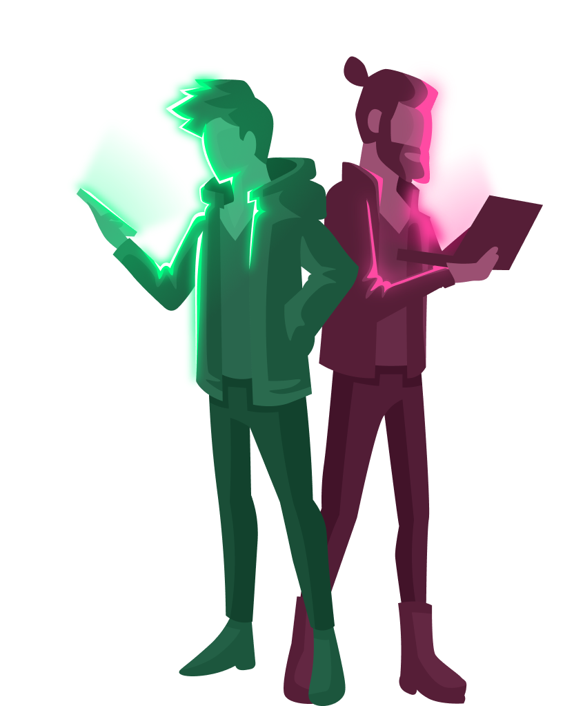 Illustration of two men standing back to back, one working on a computer in neon pink and the other looking at his phone in neon green.