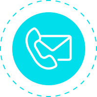 Icon for 'Contact Us' on a neon blue background, featuring a communication symbol like a phone or envelope.
